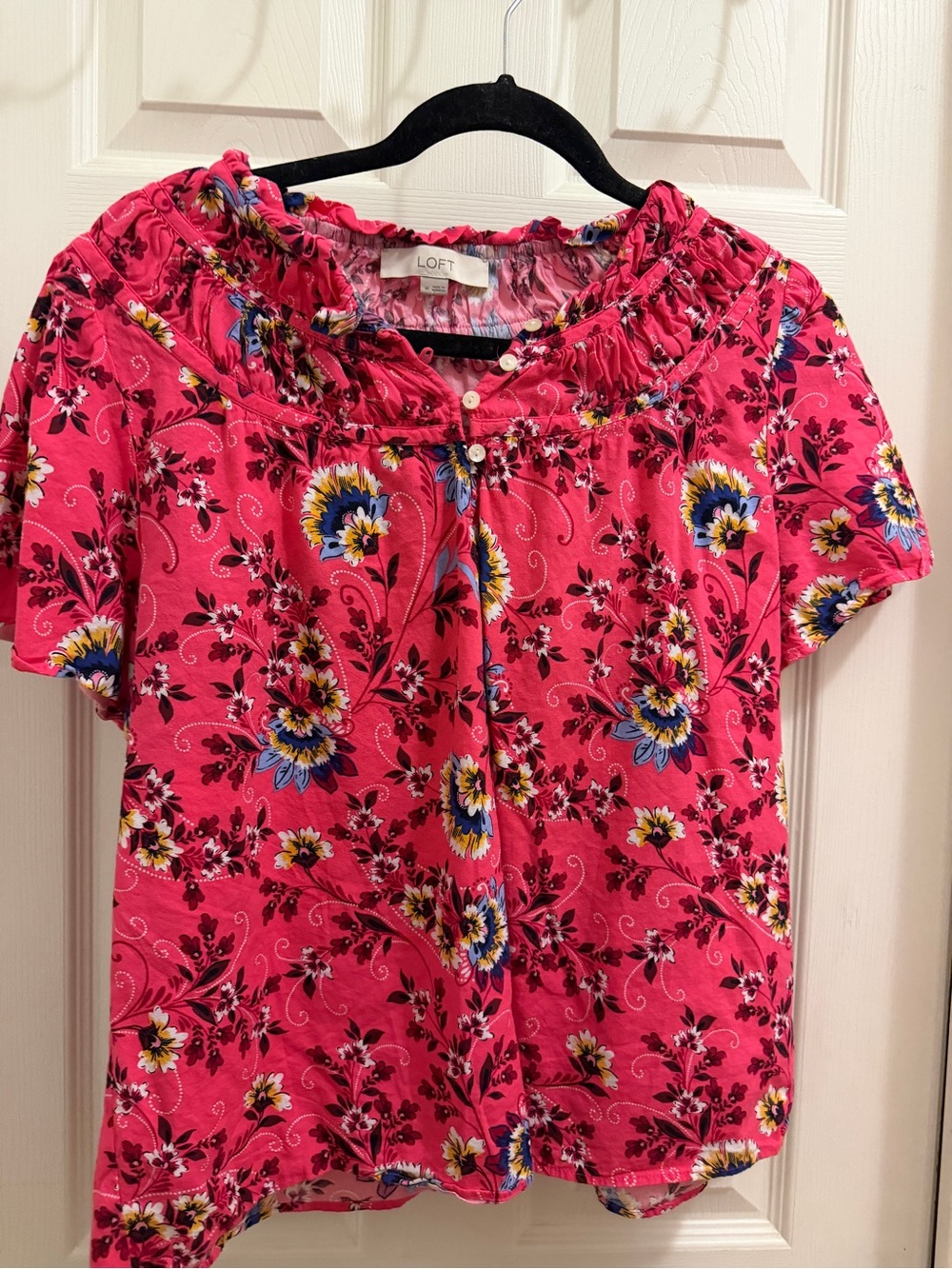 LOFT Bright Pink Floral Short-Sleeve Peasant Blouse